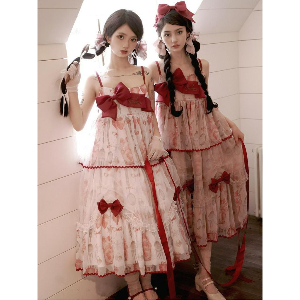 Original Lolita 3 phần JSK Bowknot Red Sling Dress Thiếu nữ Lolita Cake Dress