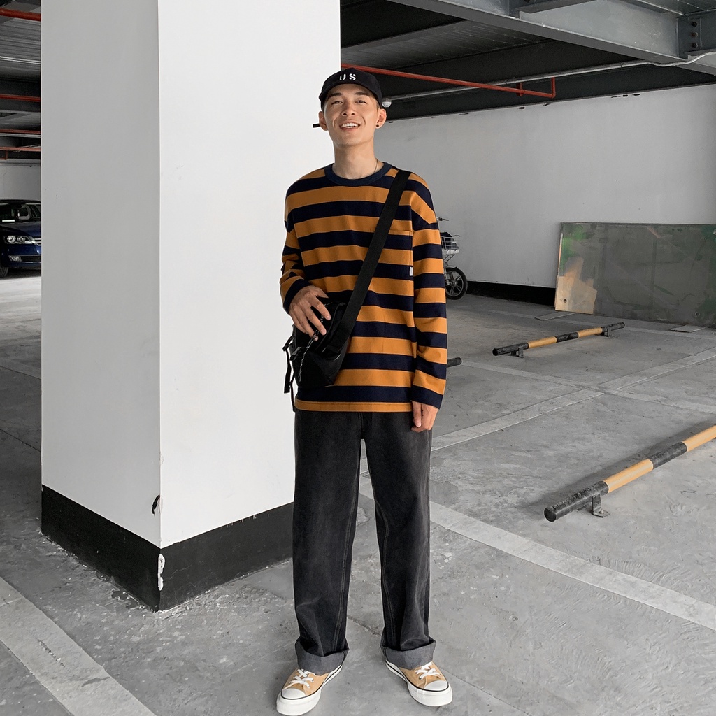 Quần denim ống rộng màu trơn thời trang mùa thu Nhật Bản cho nam size S-5XL