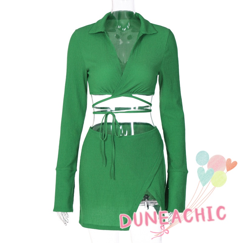 DUNEA Set Áo Thun Lửng Tay Dài 2 Dây + Chân Váy Xẻ Tà Quyến Rũ Trẻ Trung Cho Bạn Gái