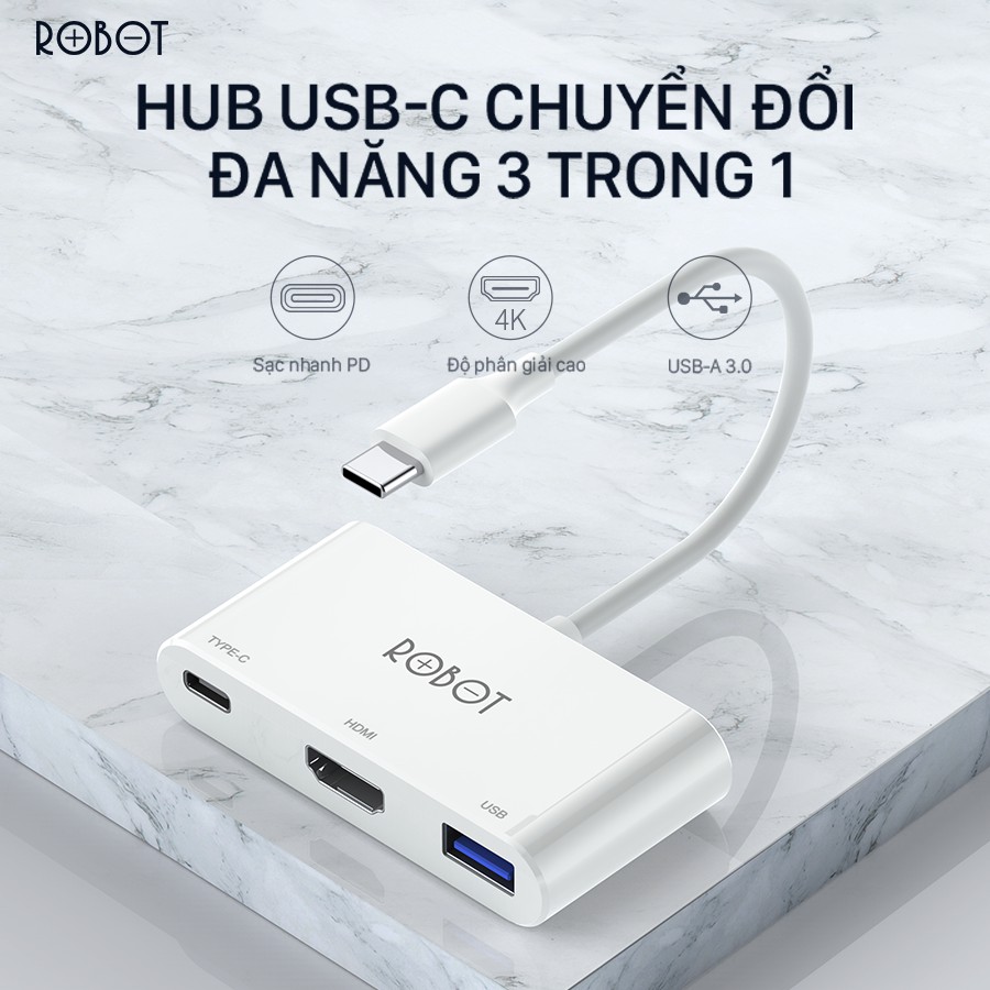 HUB Chuyển Đổi Type-C Đa Năng 3 In 1 Type-C/ HDMI/ USB ROBOT HT430 Kết Nối Nhiều Thiết Bị Laptop, Máy Chiếu, TV