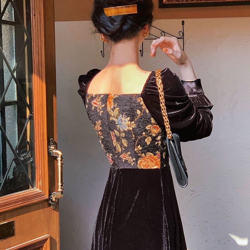 Hàng Có Sẵn!F &amp; X Đầm Nhung Dáng Dài Cổ Vuông Ghép Màu Tranh Sơn Dầu Phong Cách Retro Pháp Mới Cao Cấp Dành Cho Nữ