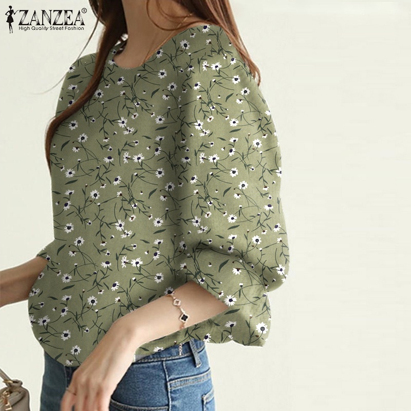 Áo kiểu ZANZEA cổ tròn tay lỡ 3/4 in họa tiết hoa thanh lịch thời trang dành cho nữ