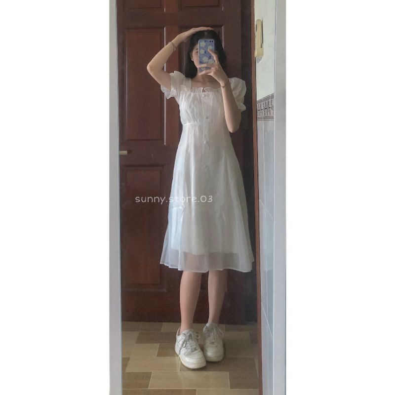 ĐẦM - VÁY VOAN CÚC BỌC XẾP LY CỔ VUÔNG (ẢNH THẬT)