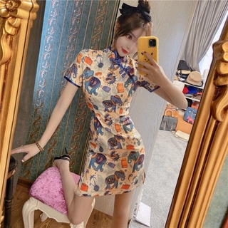 Đầm Sườn Xám Cách Tân In Họa Tiết Hoạt Hình Dễ Thương Cho Nữ