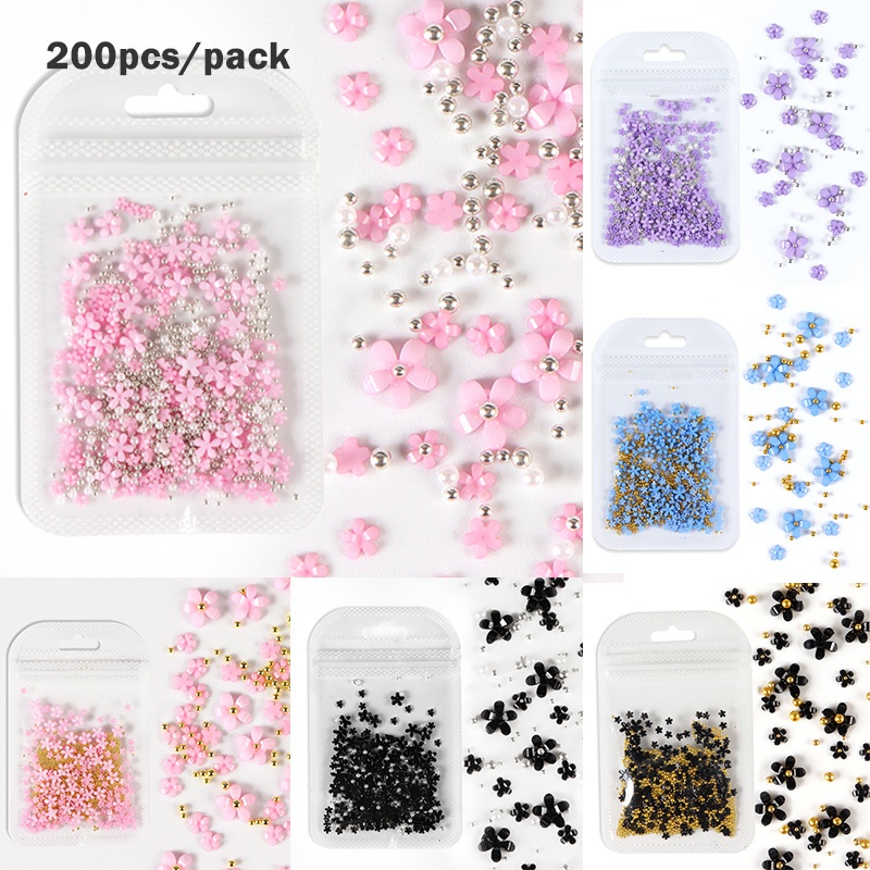 Set 200 Phụ Kiện Hoa Nhiều Kích Cỡ Trang Trí Móng Tay