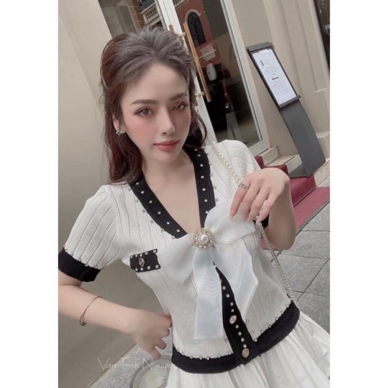 Áo Len nữ cộc tay viền đính đá kèm tag nơ hàng QC