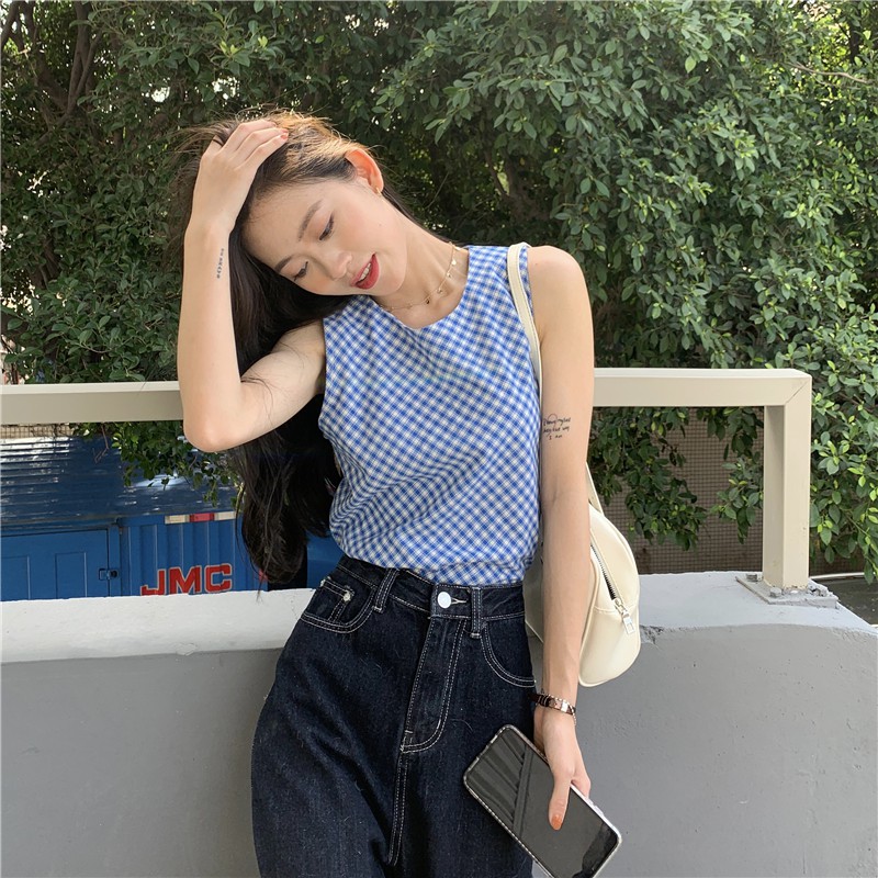 Áo vest kẻ sọc màu xanh lơ lửng phụ nữ mùa hè 2021