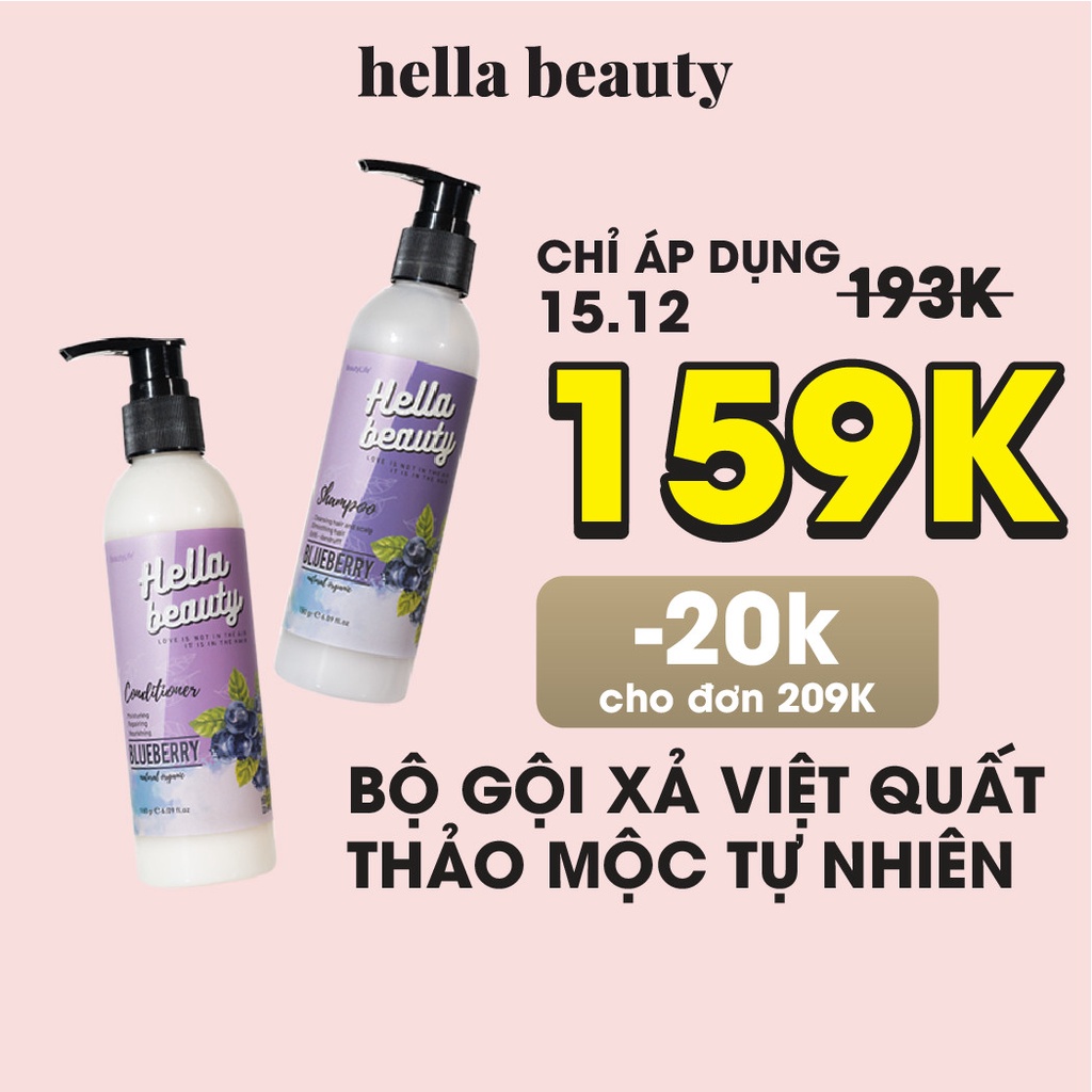 Combo Dầu Gội Xả Giảm Gãy Rụng Blueberry 180g Hella Beauty Cho Tóc Dầu Giảm Bết, Dưỡng Tóc Mềm Mượt Bộ 2 chai