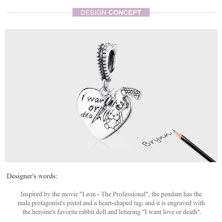 Mặt vòng tay/dây chuyền BAMOER Scc1993 bằng bạc 925 hình trái tim và súng lục lỗ 4.5mm thích hợp cho DIY