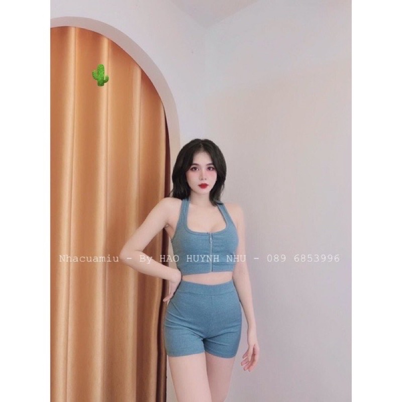 Set áo zip dây kéo + quần ôm lưng cao siêu xinh, chất thun gân co giãn tập gym được