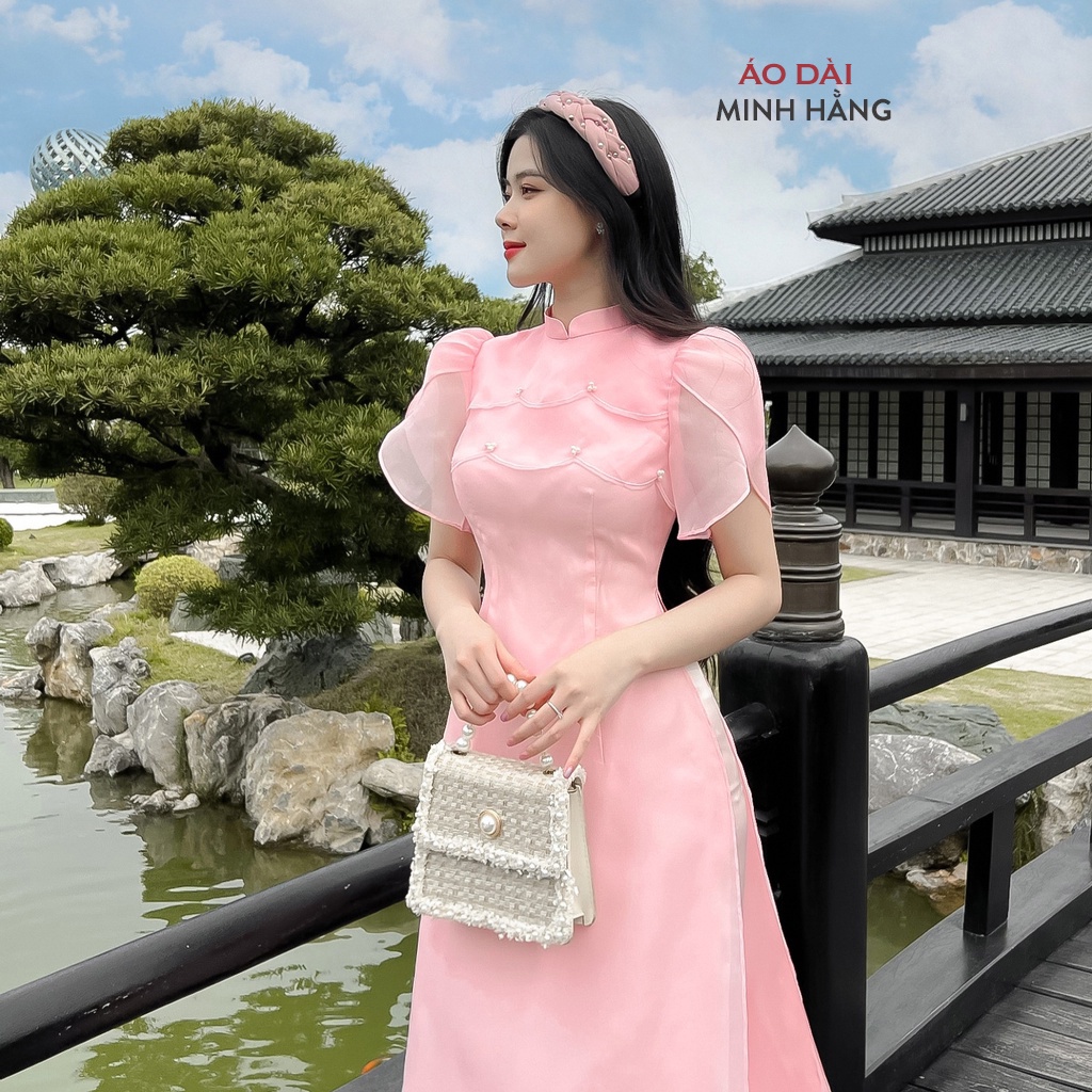 Áo dài cách tân nữ tầng sóng tay bồng thiết kế màu hồng cam_Áo Dài Minh Hằng