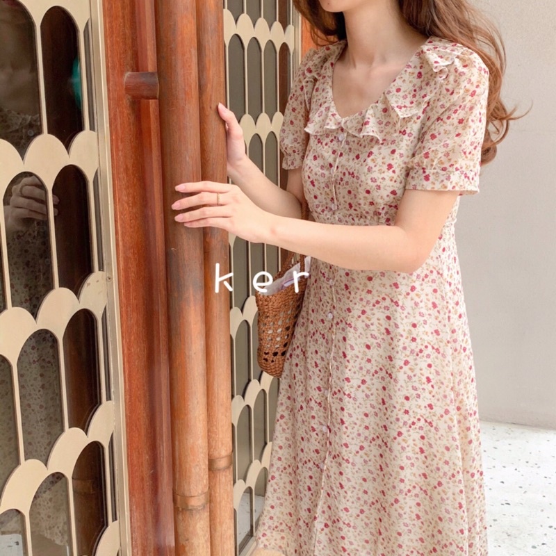 Váy hoa nhí vintage cổ bèo cài cúc thật phong cách ulzzang Hàn Quốc