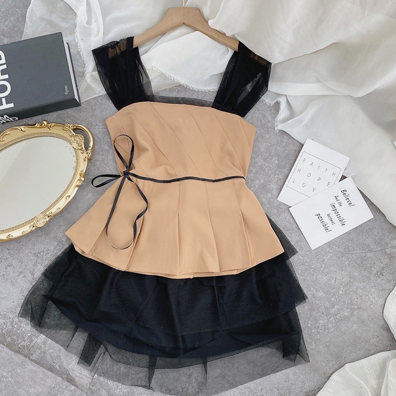 SET ÁO PELUM NUDE XẾP LY 2S PHỐI VOAN ĐEN + CHÂN VÁY LƯỚI