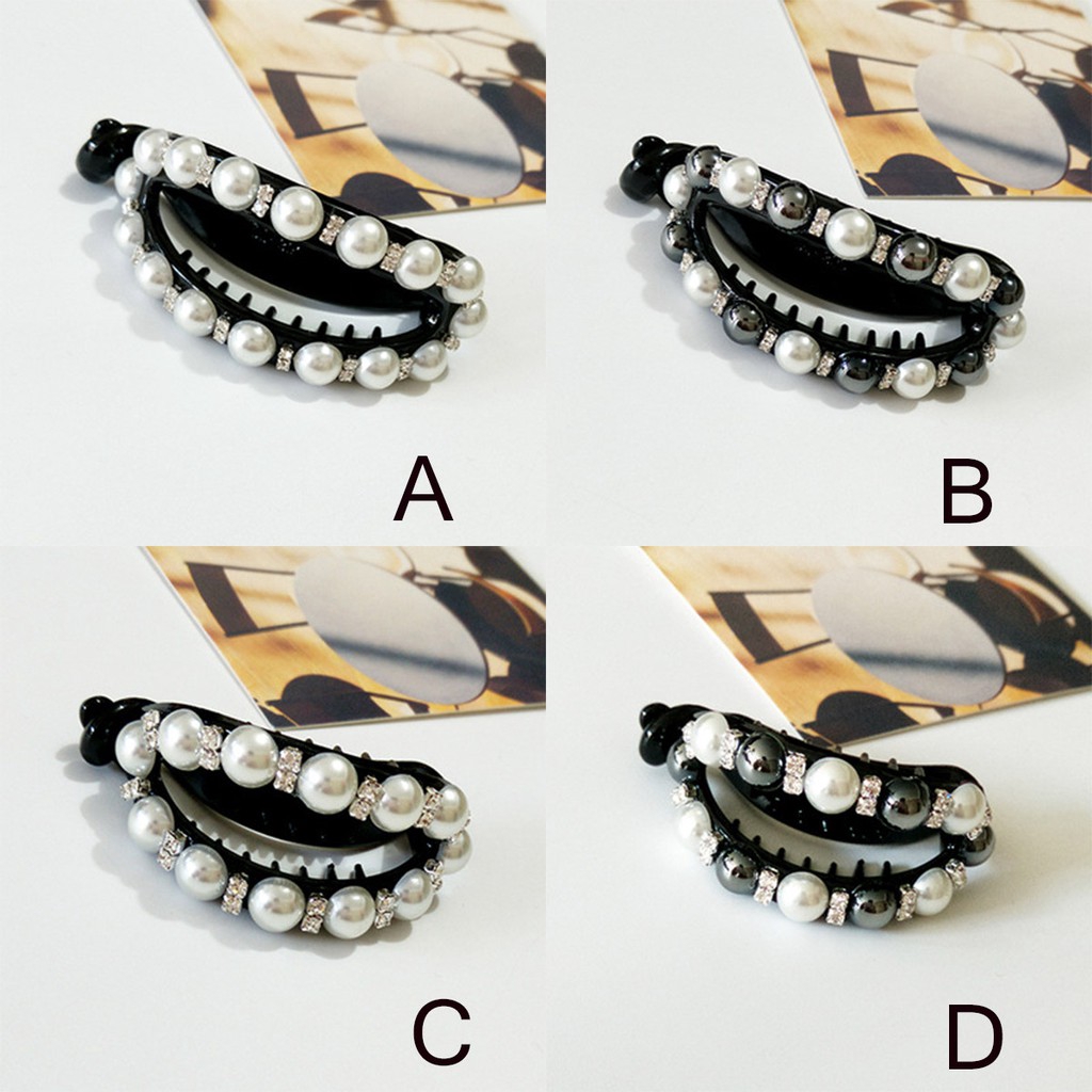 Kẹp tóc hình oval đính đá & ngọc trai giả phong cách Hàn