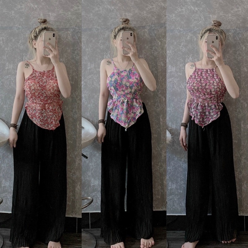 Set Bộ  Áo Yếm Hở Đan Lưng Vạt Nhọn Cúp Mút Kèm Quần Dập Ly Xuông