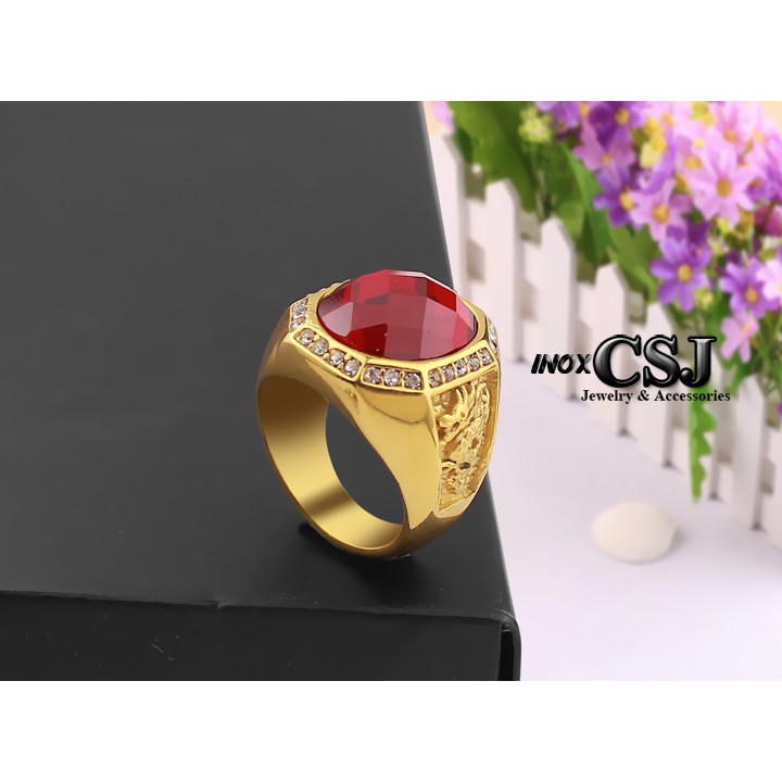 NHẪN NAM INOX MẠ VÀNG 2 BÊN CON RỒNG ĐÁ ĐỎ siêu đẹp - tặng hộp đựng xinh xắn