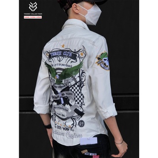 Áo sơ mi nam tay dài THREE COLLECTION thêu vũ khí chim ưng falcon squad chất kaki dày dặn chính hãng s2653