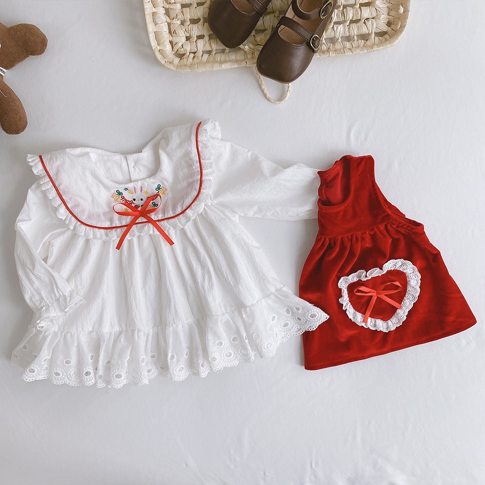 Váy thu đông bé gáic chất nhung màu đỏ đính túi trái tim siêu xinh tặng kèm váy sơ mi mặc bên trong size 1-3 tuổi [SV2]