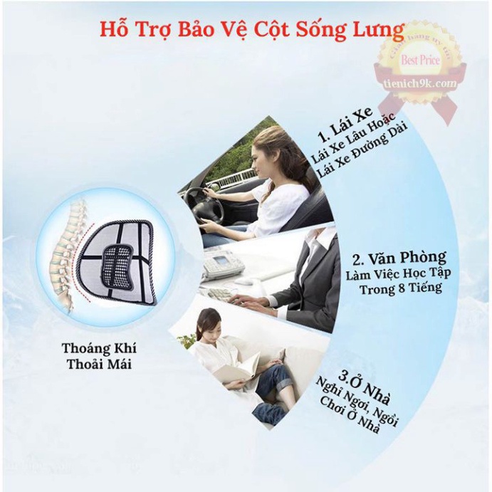 [Hàng xịn] TỰA LƯNG GHẾ VĂN PHÒNG Ô TÔ DẠNG LƯỚI miếng dựa ngồi xe hơi chống gù mỏi đệm tránh lệch cột sống