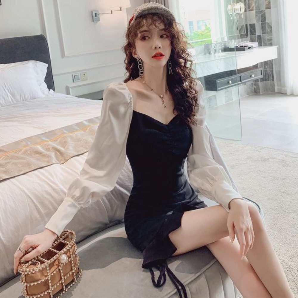 Đầm nữ , váy đầm đuôi cá rút dây , tay áo dài bồng bềnh dáng váy ôm body siêu cực hót ATILA.SHOP | BigBuy360 - bigbuy360.vn