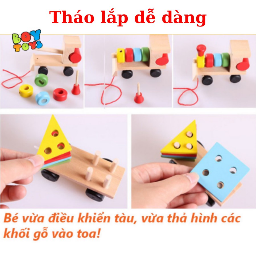 Đồ chơi đoàn tàu thả hình khối bằng gỗ nhiều màu sắc phát triển kĩ năng cơ bản cho bé