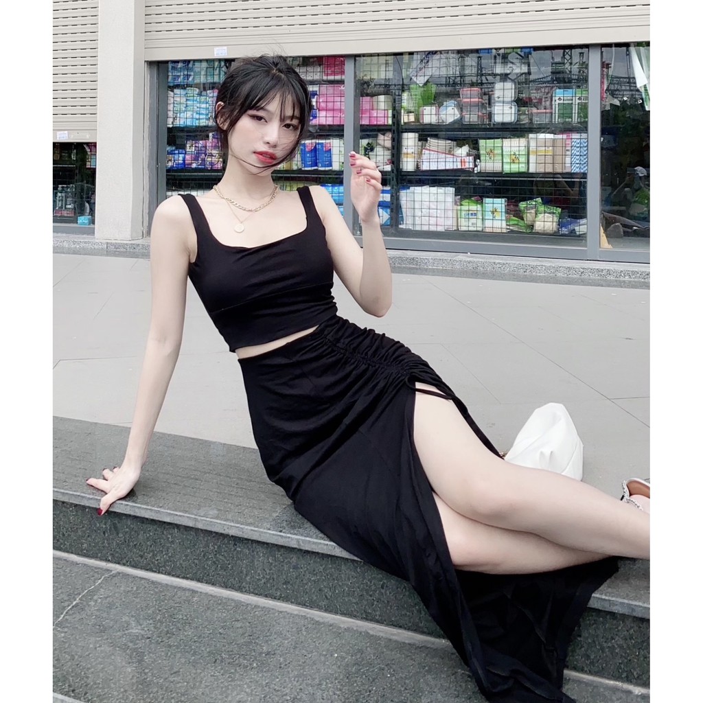 Chân váy thun cotton sẻ đùi ôm body dáng maxi Cô Kim 7