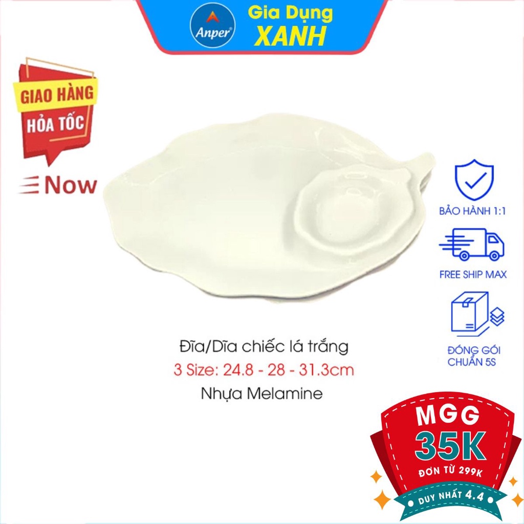 Đĩa dĩa nhựa melamine ANPER chiếc lá size 24.8cm 28cm 31.3cm nhật hàn cứng cao cấp an toàn sang trọng