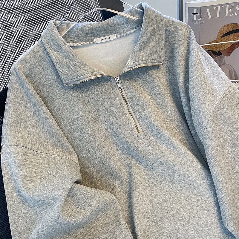 Áo Thun Tay Dài Có Dây Kéo Form Rộng Theo Phong Cách Preppy Dễ Phối Đồ