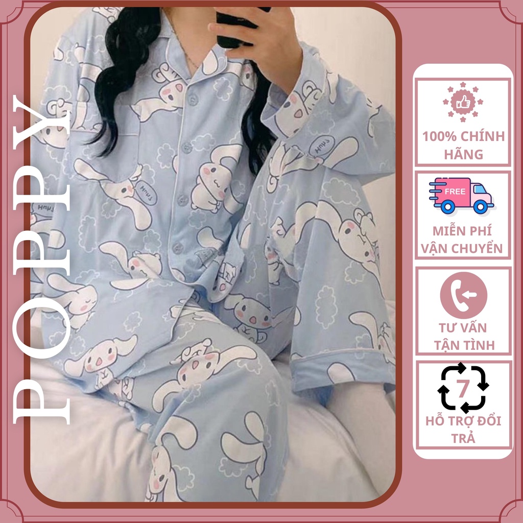 Pyjama nữ hàn quốc hoạt hình giá rẻ bộ mặc nhà nữ chất liệu kate thái cao cấp bộ ngủ dài tay POPPY