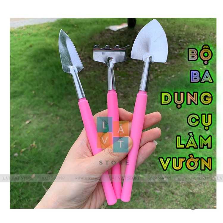 Bộ ba dụng cụ làm vườn mini gồm xẻng, cào và bay để làm chậu cây nhỏ, sen đá - Có 3 màu pastel