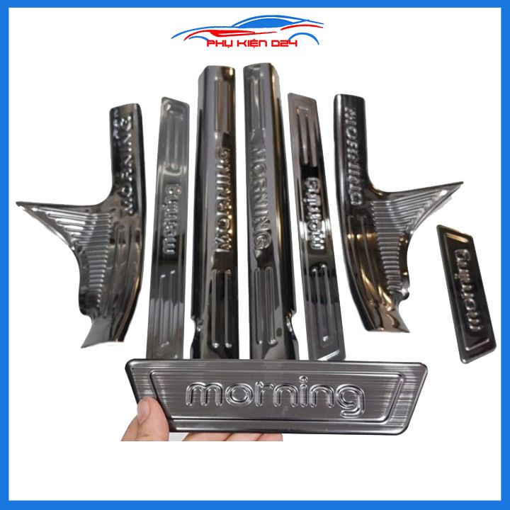 Bộ ốp bậc cửa trong ngoài nẹp bước chân Morning 2012-2013-2014-2015-2016-2017-2018-2019-2020 vân Titan