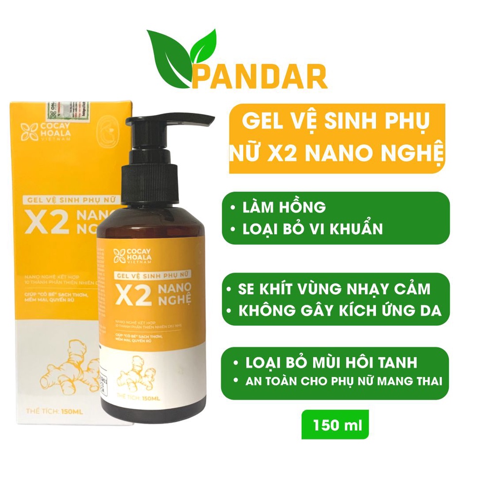 Dung dịch vệ sinh phụ nữ hồng mịn se khít Gel X2 Nano Nghệ hết ngứa loại bỏ mùi hôi chai 150ml Cỏ cây hoa lá PANDAR