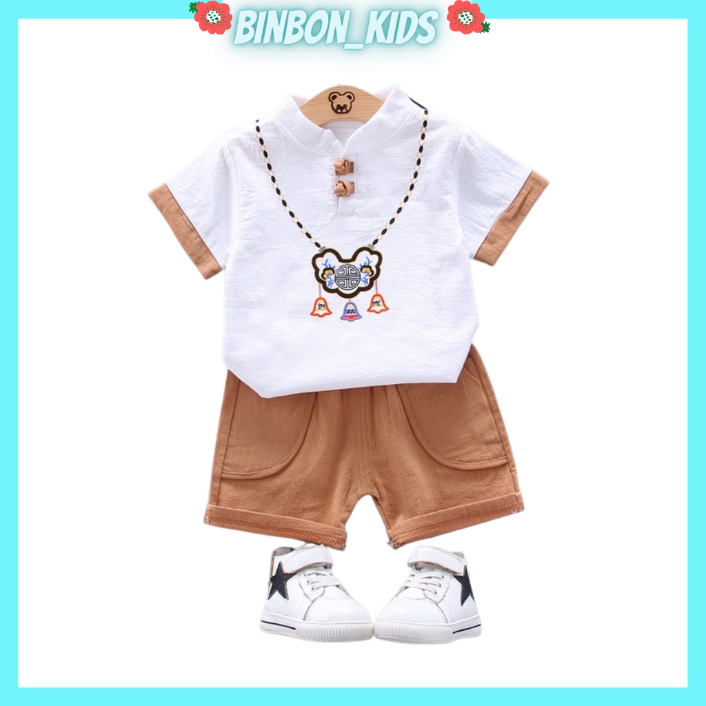 Bộ cộc tay cho bé trai binbon kids , Đồ bộ bé trai chất đũi in hình cổ vòng cho bé từ 6 - 27kg QATEV01
