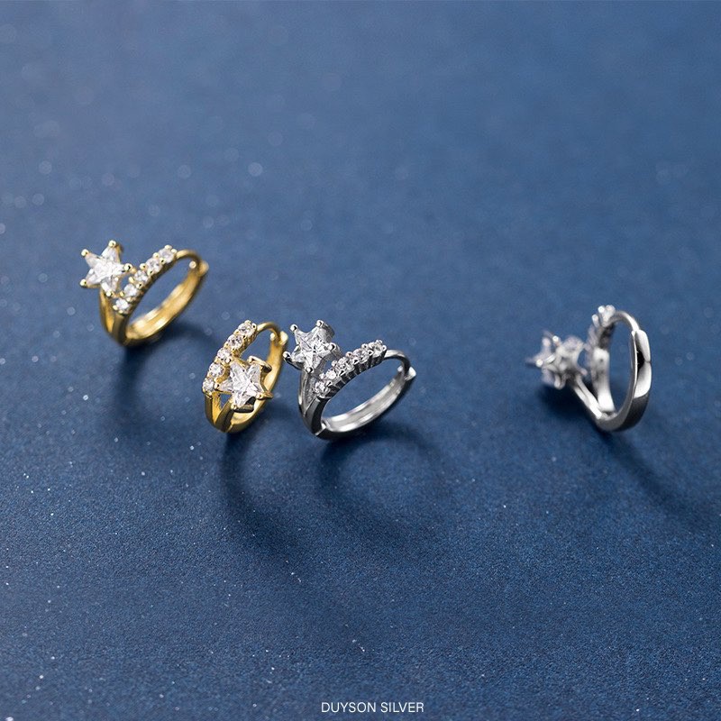 Khuyên tai bạc nữ vòng tròn ngôi sao đính đá bạc Ý 925 mạ vàng trắng cao cấp DUYSON SILVER (1 đôi) [KVDDXK4]