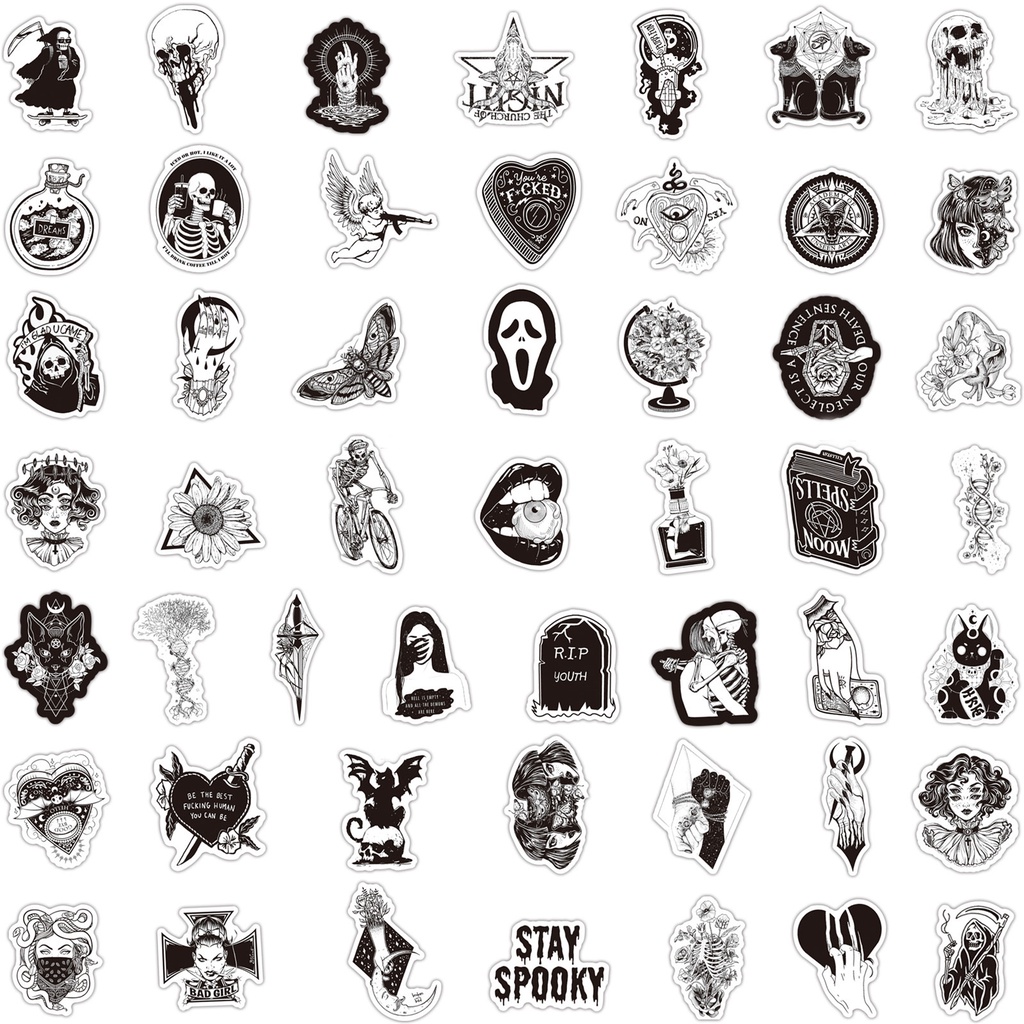 Bộ 100 Cái ❉ Cổ Điển Đen Trắng. Miếng Dán Trang Trí Hình Đầu Lâu Và Quái Vật Kiểu Punk Cá Tính ❉ Miếng Dán Decal Vẽ Nguệch Ngoạc Thời Trang