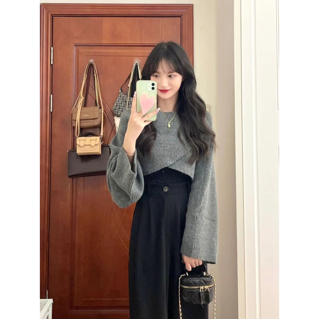 Áo croptop tay dài  áo len kiểu nữ Bộ Áo Sweater Dệt Kim + Quần Ống Rộng Phong Cách Pháp Thanh Lịch Phong Cách Mùa Thu Mới Cho Nữ