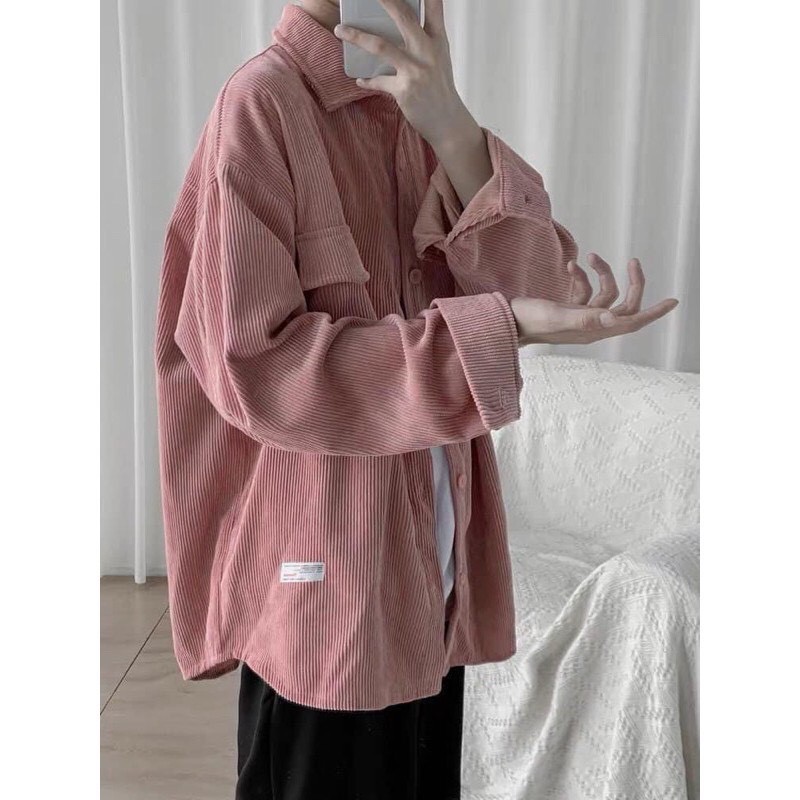 Áo Sơ Mi Nhung Gân Tăm Phong Cách Retro Hàn Quốc Form Rộng Unisex Nam Nữ Ulzzang