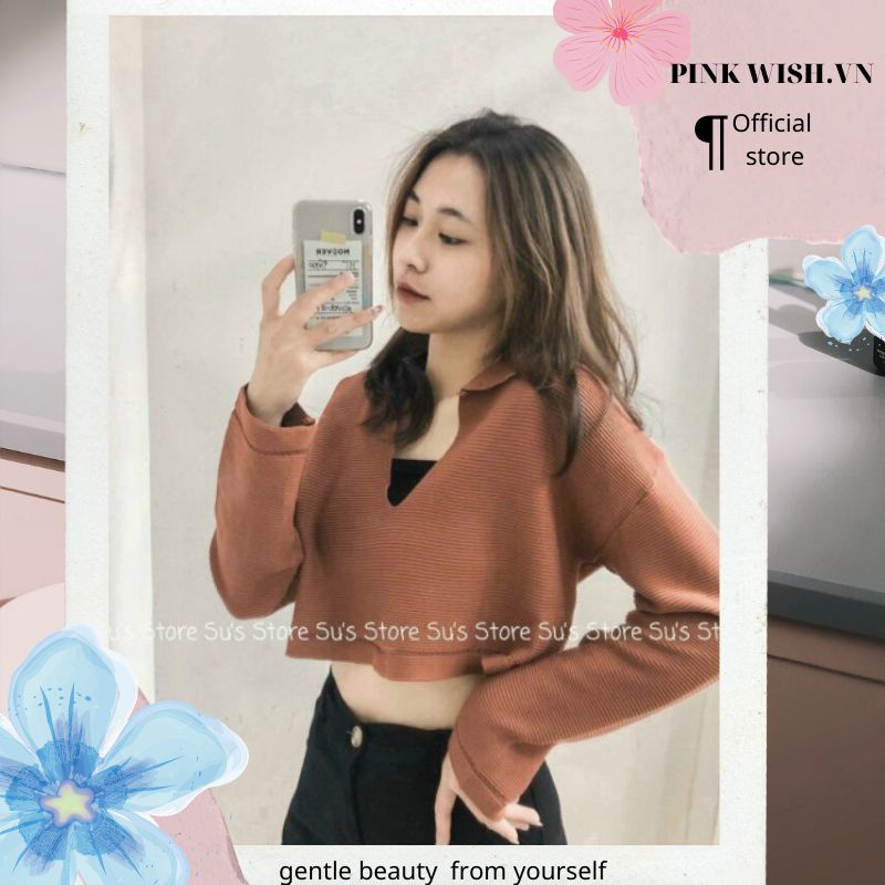 Áo croptop vải len tay dài cổ tim