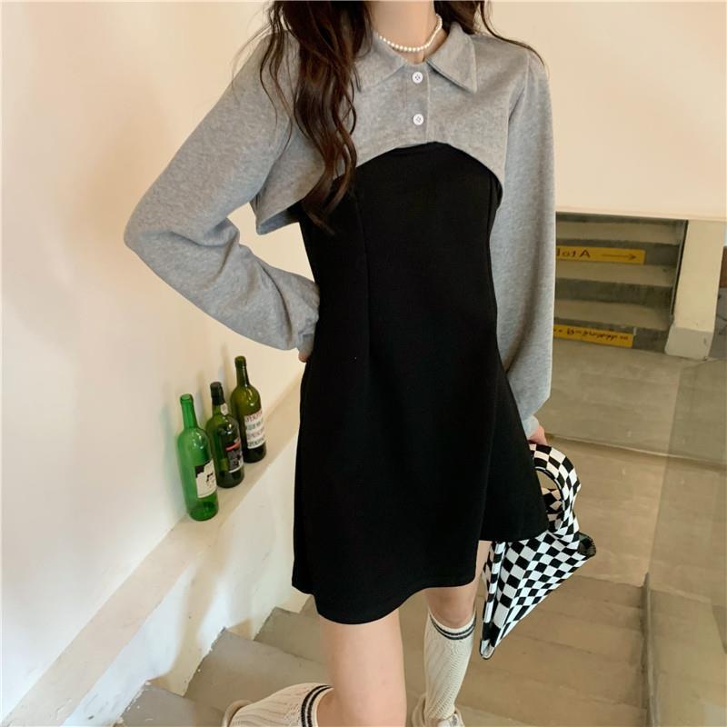 Set váy 2 chi tiết dài tay phiên bản be kem nâu và đen xám