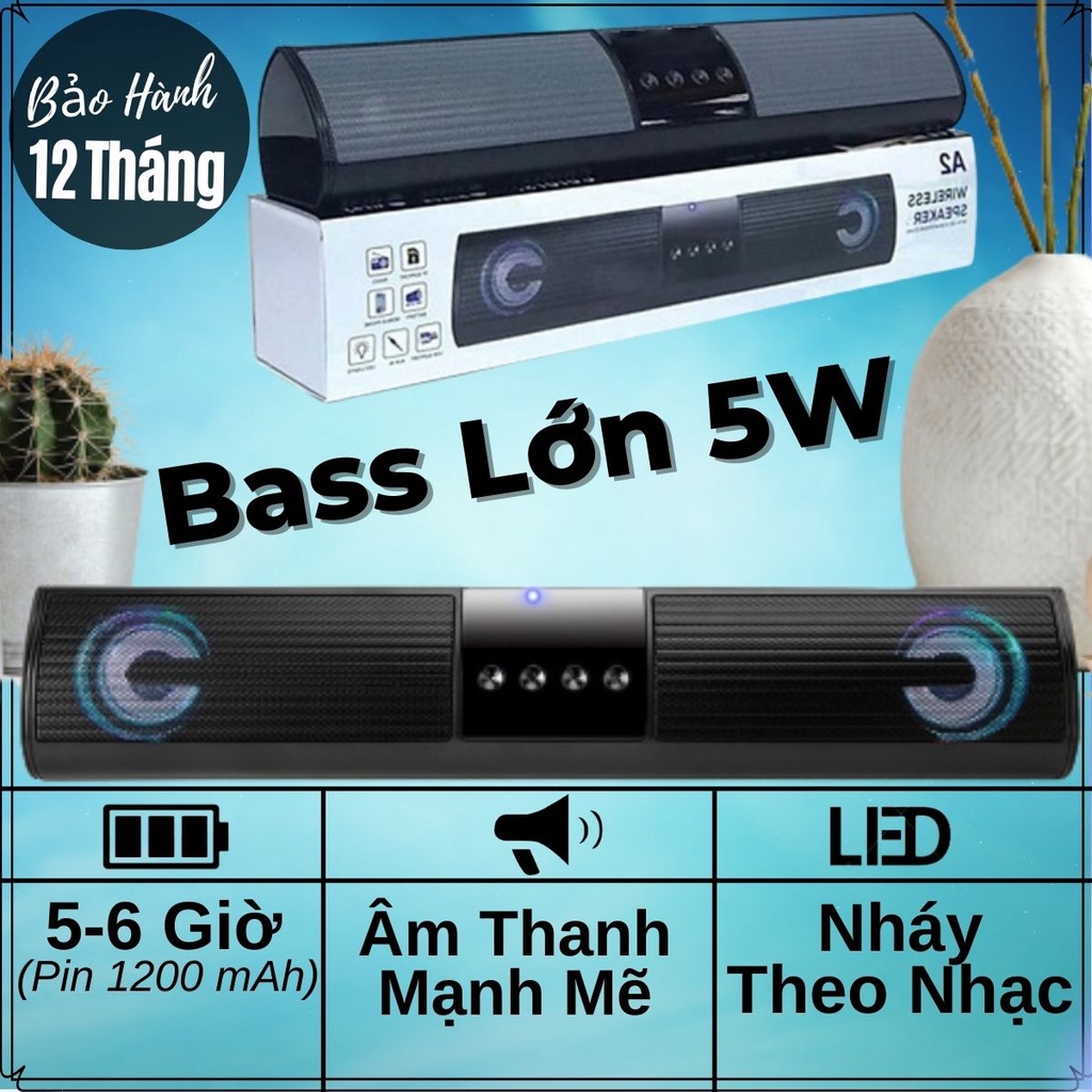 Loa Bluetooth A2 Nghe Nhạc 2 Loa 5W Công Suất Lớn, Bass Mạnh, Đèn Led Theo Nhạc Và Khe Cắm Thẻ Nhớ, USB, Đài FM