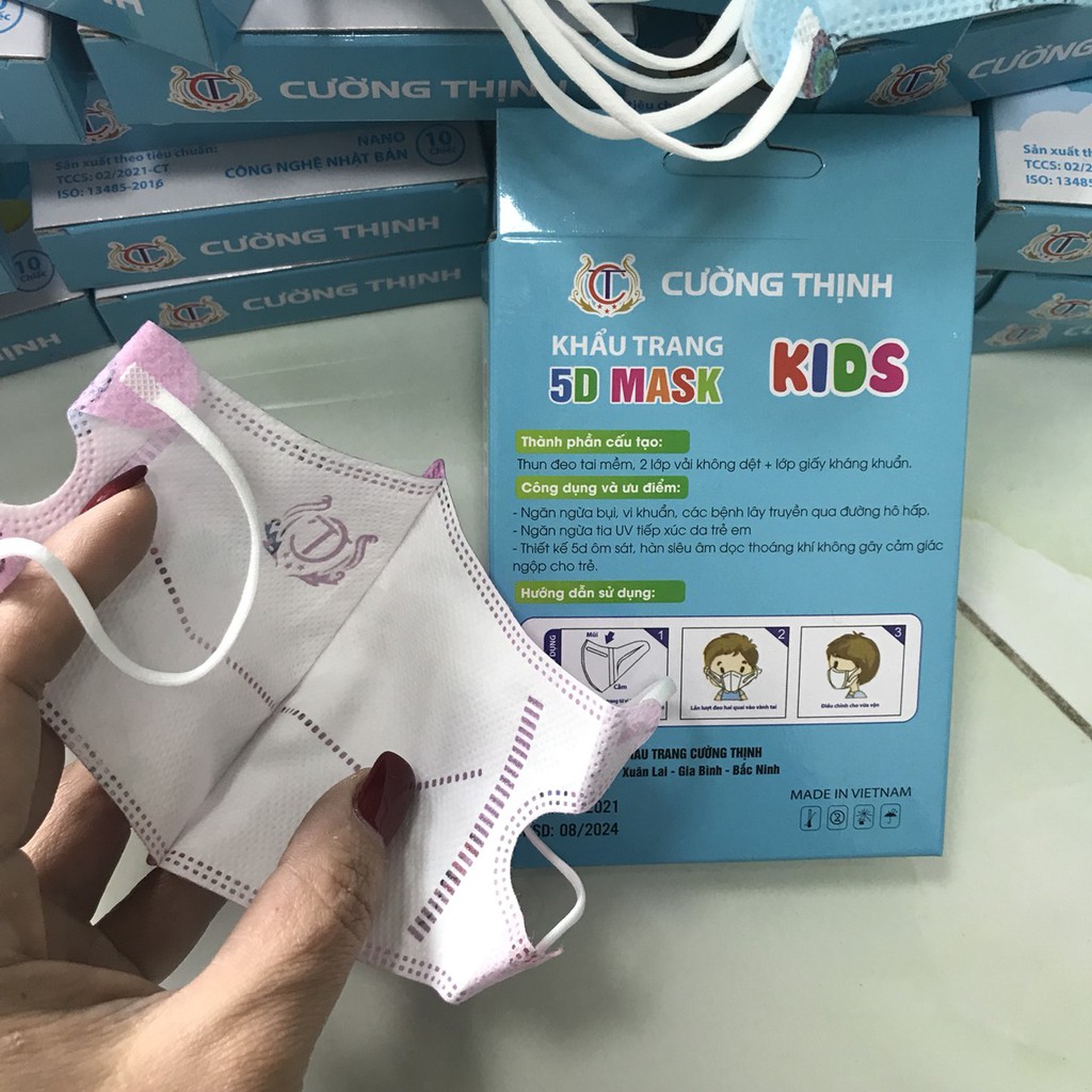 1 Hộp 10 Chiếc Khẩu Trang Y Tế Cao Cấp Trẻ Em 5D MASK KIDS Cường Thịnh - Màu Sắc: Xanh, Trắng và Hồng