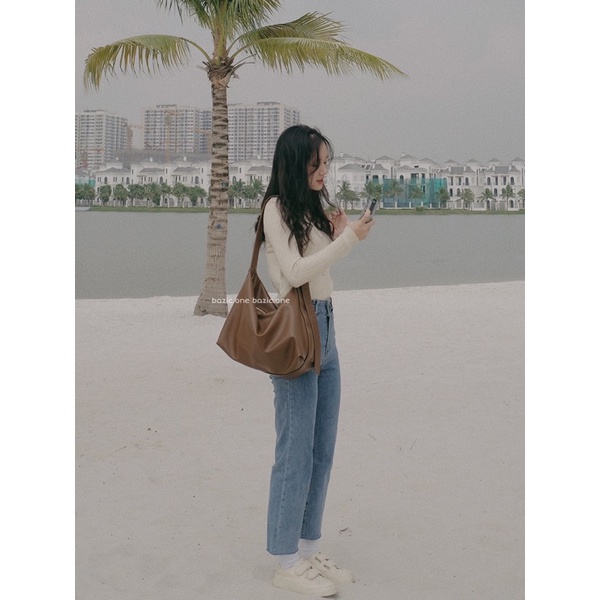 Quần jeans suông co giãn cạp đan chéo Bazic one
