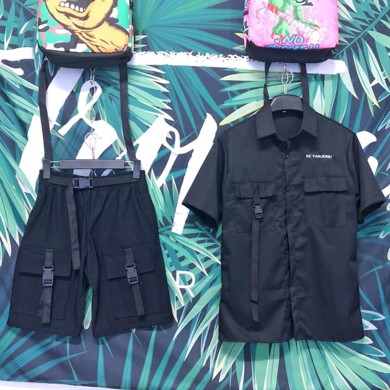 Quần short nam nữ kaki túi hộp mix chain phong cách unisex