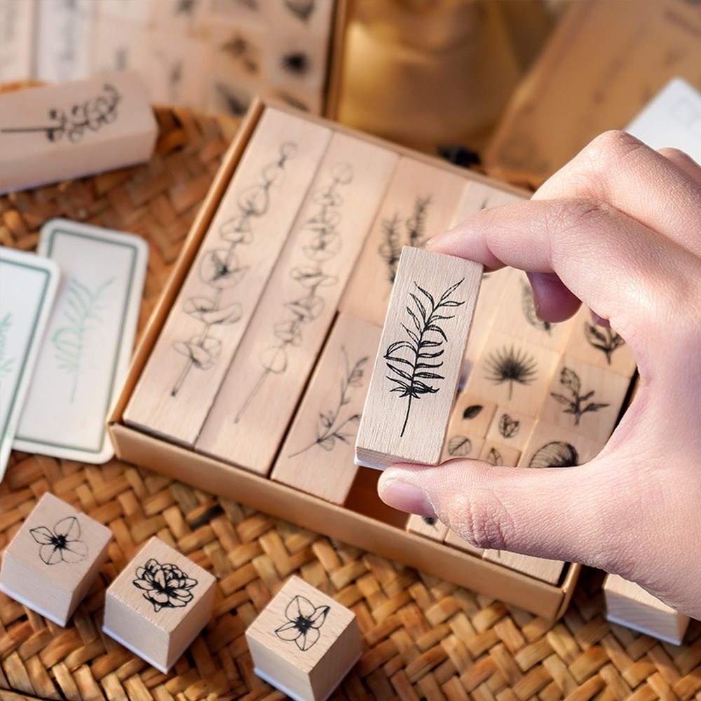 Set 22 Con Dấu Bằng Gỗ Họa Tiết Hoa Lá Trang Trí Thủ Công DIY