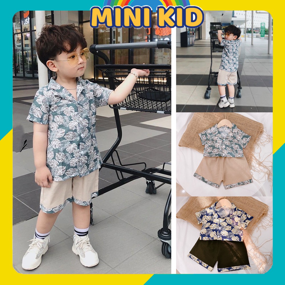 Set Áo Sơ Mi Cho Bé Trai Cộc Tay Họa Tiết Hoa Lá Chất Đũi Size Đại Xuất Khẩu MINI SM04