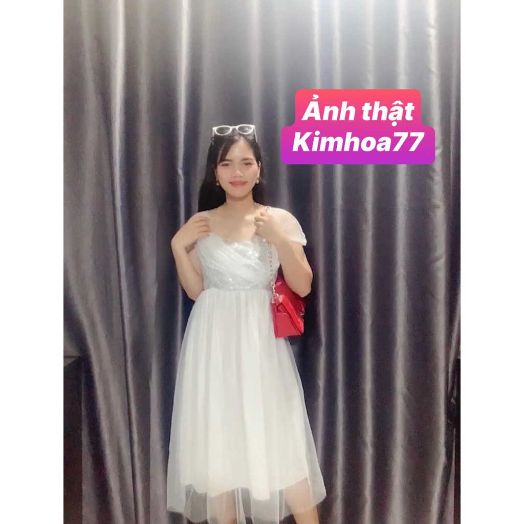 [Video thật] Đầm dự tiệc kim sa cao cấp chất lưới freesize 2 màu trắng và hồng Kimhoa77