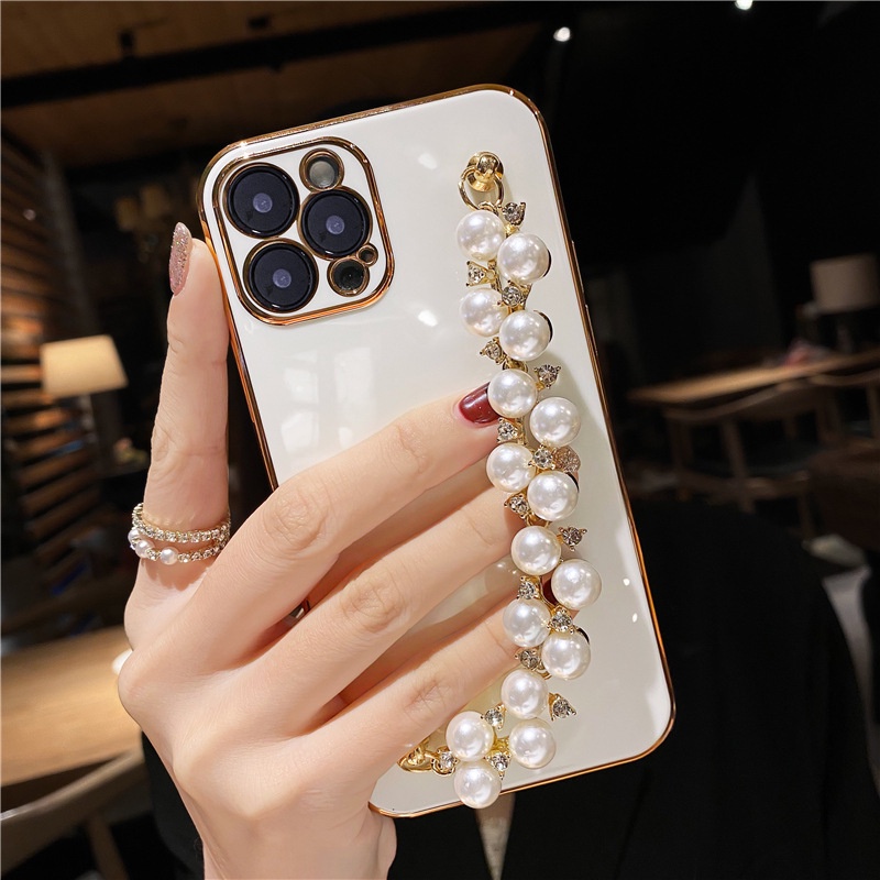 Ốp Điện Thoại TPU Mạ Màu Ngọc Trai Có Dây Đeo Chuỗi Hạt Cho OPPO A57 A77 A72 A73 A53 F9 PRO A8 A31 2020 A94 A95 A96 A97