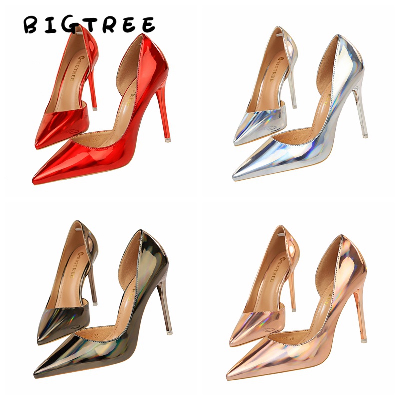 BIGTREE Giày Cao Gót 10.5cm Mũi Nhọn Miệng Nông Màu Ánh Kim Phong Cách Âu Mỹ Cho Nữ Mall-18188-2