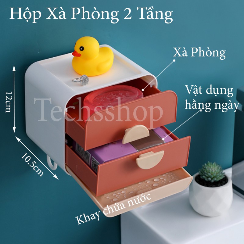 Hộp Đựng Xà Phòng 2 Tầng Có Ngăn Chứa Nước Dán Tường Kèm Theo 3 Móc Treo - Kệ Nhà Tắm Đế Đồ 2 Ngăn