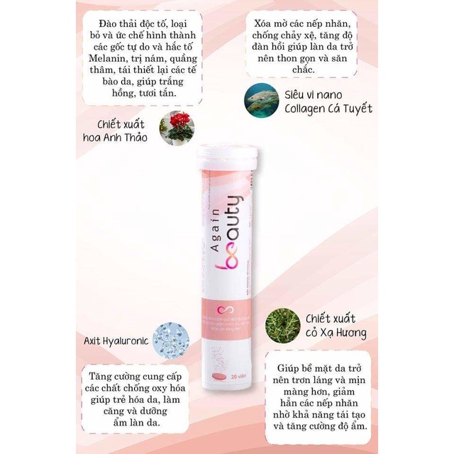 [3 tặng 1] Again Beauty - Viên sủi collagen chính hãng hộp 20v giúp trắng da, mờ nám, trẻ hoá da - Kazila